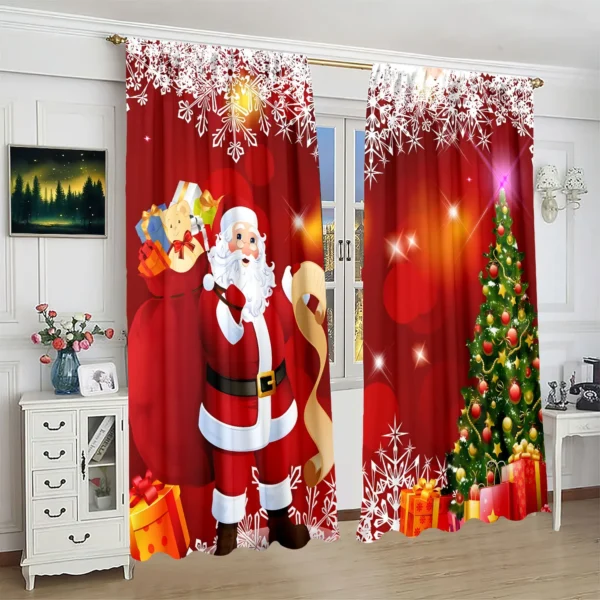 2 pieces of Santa Claus Christmas Tree printing curtain - polyester material 1