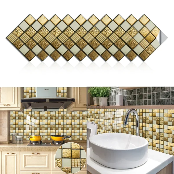 10pcs Flat Marble Mosaic Embossing Tiles Sticker Kitchen Bathroom Wall Decals Peel & Stick Waterproof Tile Art 3