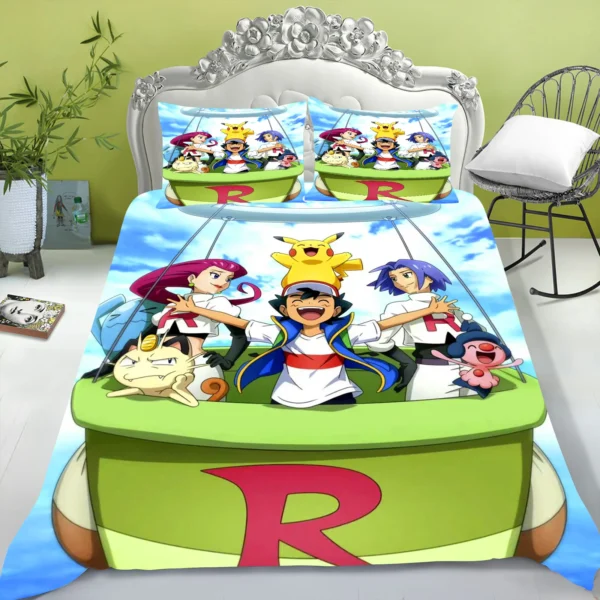 Electric Mouse Cartoon Pikachu Duvet Cover Home Blue Printed Pillowcase Set 3