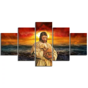 Canvas Painting Prints Home Decoration Accessories 5 Panel Jesus Holding A Lamb Poster Seascape Sunset 1