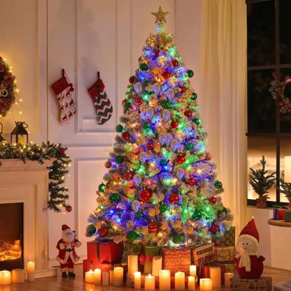 7.5ft Pre-lit Spruce Artificial Christmas Tree Snow Flocked Tree with 550 Multicolor LED Lights 2