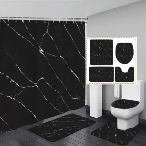 Black Marble Shower Curtain Set White Lines Cracked Pattern Modern Geometric Bathroom Decor Non-slip Rug Bath Mats Toilet Cover 1