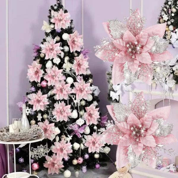 2024 New Glitter Christmas Flowers Xmas Tree 14cm Artifical Flower Ornaments 1