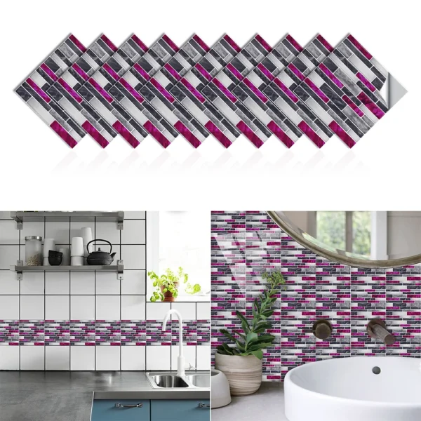 10pcs Flat Marble Mosaic Embossing Tiles Sticker Kitchen Bathroom Wall Decals Peel & Stick Waterproof Tile Art 5