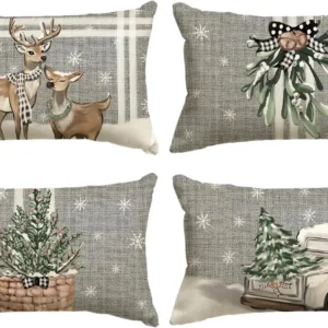 Christmas Tree Reindeer Stripe Gray Pillow Pillowcase 30x50cm Winter Holiday Cushion 1