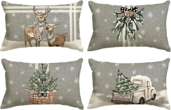 Christmas Tree Reindeer Stripe Gray Pillow Pillowcase 30x50cm Winter Holiday Cushion 1