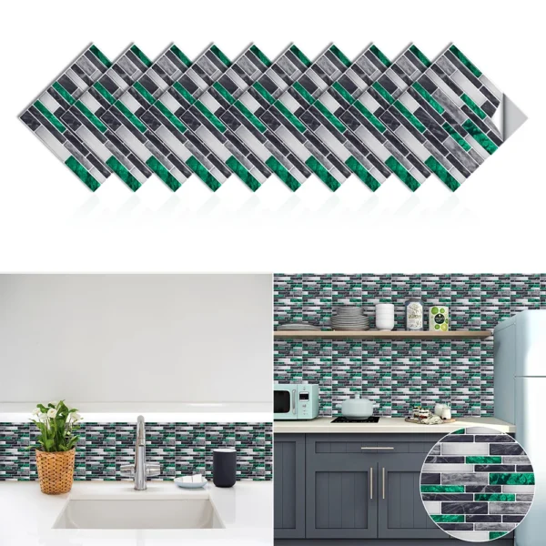 10pcs Flat Marble Mosaic Embossing Tiles Sticker Kitchen Bathroom Wall Decals Peel & Stick Waterproof Tile Art 4