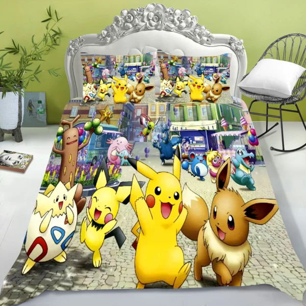 Electric Mouse Cartoon Pikachu Duvet Cover Home Blue Printed Pillowcase Set 2