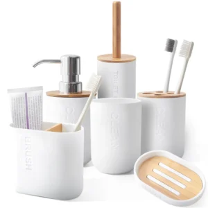 White Bamboo Bathroom Set - Soap Dish, Toothbrush Holder, Mouthwash Cup, Storage Bottle 1